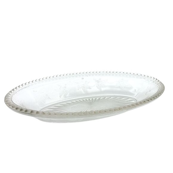 Vintage Oval Glass Serving Dish With Floral Etching & Beaded Rim - Picture 2 of 5